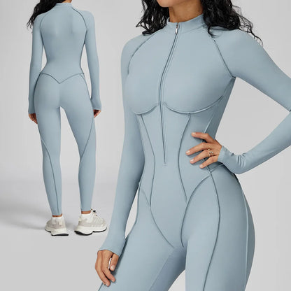 Sexy Rompers Workout Zipper Jumpsuit Long Sleeve Sports Bodysuits Women Gym Running Fitness Suits One-piece Tracksuit Sportswear - Kimlud