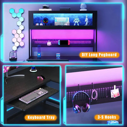 L Shaped Gaming Desk with Power Outlets & LED Lights, 49'' Reversible Computer Desk with Hutch & Pegboard & Display...