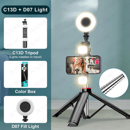 C12D/C13D Tripod for Phone and Action Camera Gopro Stand with Fill Light Remote Control for Mobile Vlog Shooting Live Recording