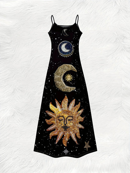 Retro Astral Print Slip Dress with Moon Sun Star Pattern Round Neck Sleeveless Summer Maxi Dress for Women Casual Beach Party - Kimlud