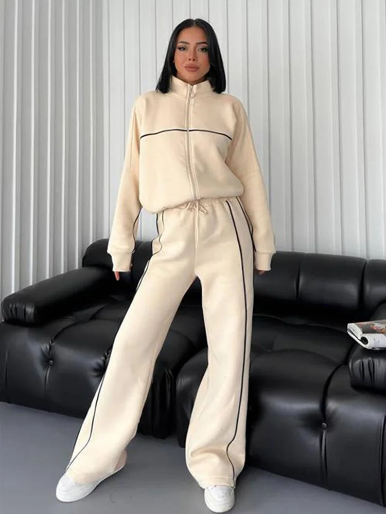 Zekye Women's Clothing Long-sleeved Semi-turtleneck Cardigan Sweater Strappy Striped Trousers Women's Suit Collection 2025 - Kimlud
