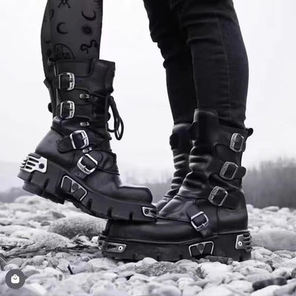 Men's Fashion Genuine Leather Motorcycle Boots Goth Skull Punk Boots New Unisex Mid-calf Cowboy Boots Metallic Combat...
