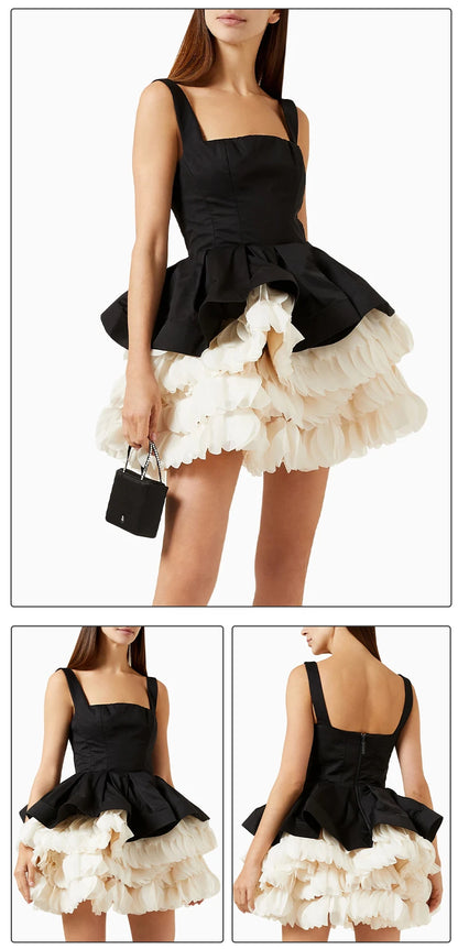 VC Elegant Black Mini Dress with Peplum and White Ruffle Accents for Upscale Casual Gatherings