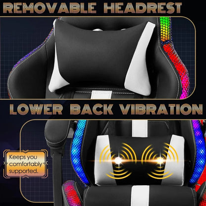 Massage Gaming Chair, Video Game Chair with LED Lights, Ergonomic Computer Chair with Footrest and Lumbar Support, Heig