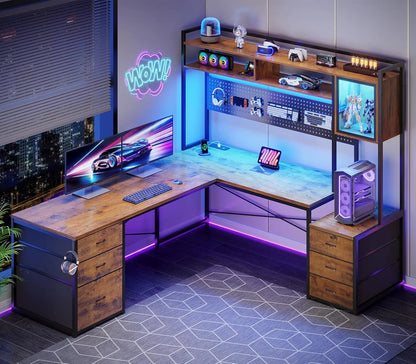 L Shaped Gaming Desk with Drawers, Reversible Computer Corner Desk with File Drawer, Hutch, Storage Shelves for，Customized - Kimlud