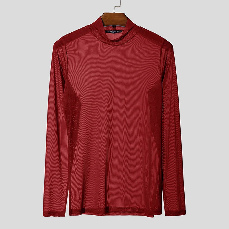 INCERUN Men T Shirt Mesh Long Sleeve See Through Turtleneck Male Tee Tops Sexy Streetwear Fashion Casual Men Clothing Solid - Kimlud
