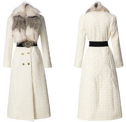 DSXDFACAIRIJ Women Color Blocking Fur Collar Long Sleeves Lace-Up High Street Double Breasted Geometric Outerwear Winter...