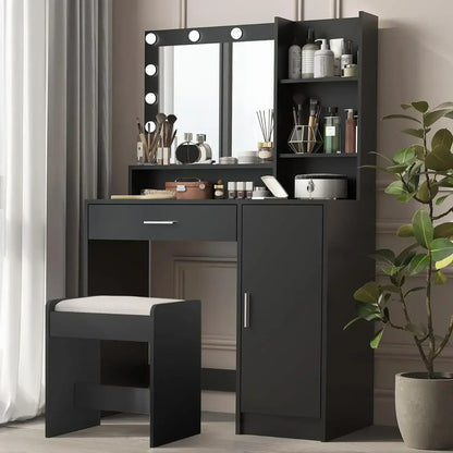 Vanity Desk with Mirror & Light, Large Drawer & Three Level Storage Dresser, Bedroom Dressing Table (Black with Stool)
