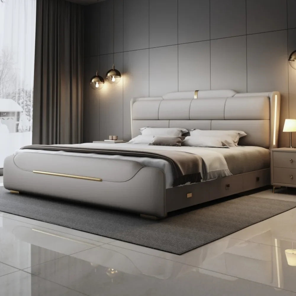 180x200cm Italian light luxury double storage bed layer cowhide three drawers Carbon steel leg camas de casal bedroom...