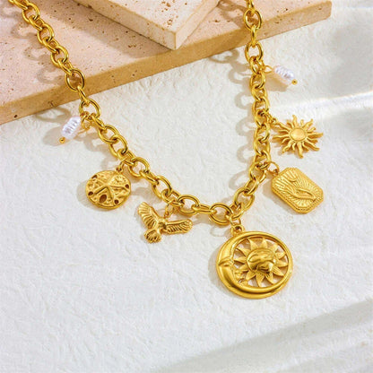 DIEYURO 316L Stainless Steel Pearl Golden Sun Moon Round Pendant Necklace For Women New Trend Fashion Neck Chain Jewelry Gift