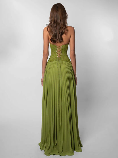 Sexy Halter Neck Lace Corset Pleated Maxi Dress Women Green Sleeveless Backless Lace-up A-line Long Dresses Evening...