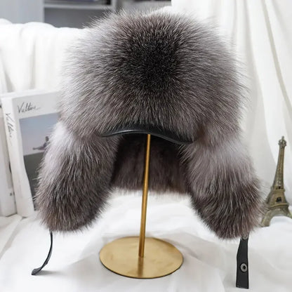 New Winter Men's 100% Real Silver Fox Fur Bomber Hat Raccoon Fur Ushanka Cap Trapper Russian Man Ski Hats Caps Real Leather Top - Kimlud