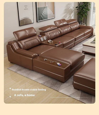 Stylish Italian Genuine Leather Sofa for Living Room with Cup Holder, USB, Adjustable Headrests & Bluetooth Speaker -...