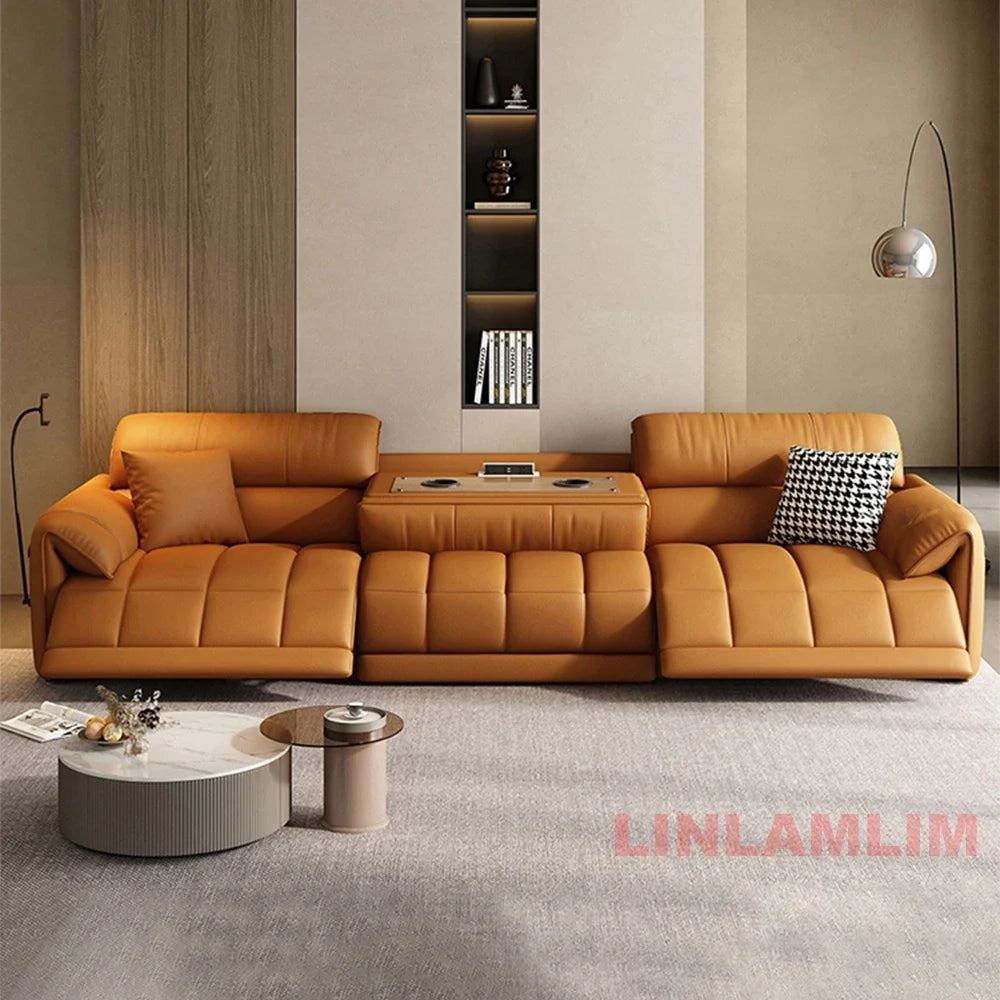 Modern Electric Reclining Sofa with Adjustable Footrest, USB, and Foldable Center Console – Italian Genuine Leather Power Sofa