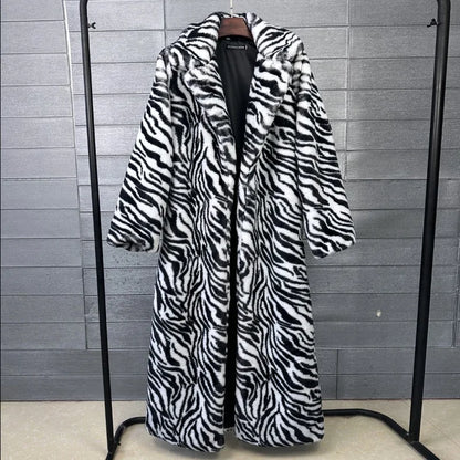 2026 Fashion Zebra Leopard Print Fur Coat Women's Winter Faux Rabbit Hair Fur X-long Overcoat Loose Jacket Streetwear...
