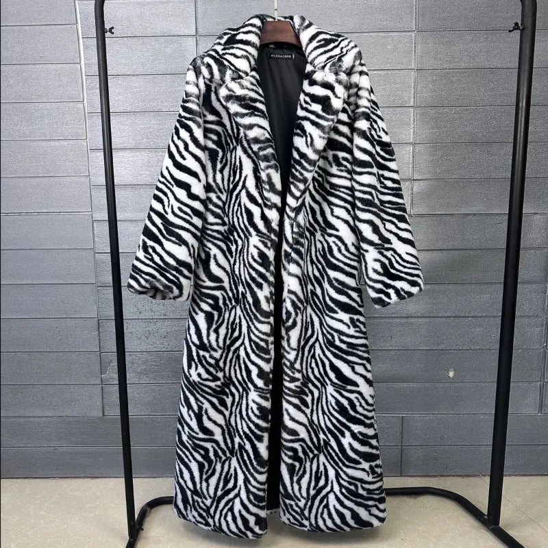 2026 Fashion Zebra Leopard Print Fur Coat Women's Winter Faux Rabbit Hair Fur X-long Overcoat Loose Jacket Streetwear...