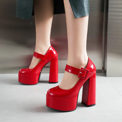 Women Platform Pumps Mary Jane Heels Shoes 2026 Sexy Size 43 with Strap Red Red White