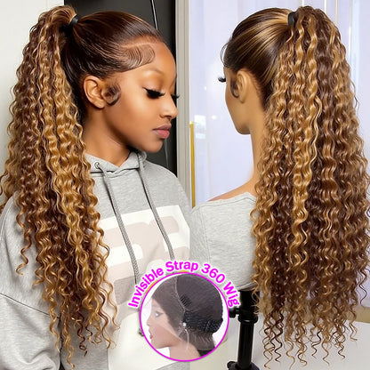 Honey Blonde 360 Lace Front Wig Human Hair 250 Density Deep Wave Highlight Curly Brown 13X4 Lace Frontal Wigs 427 Brazilian Hair