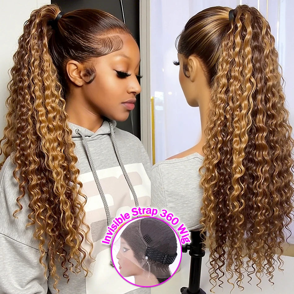 Honey Blonde 360 Lace Front Wig Human Hair 250 Density Deep Wave Highlight Curly Brown 13X4 Lace Frontal Wigs 427 Brazilian Hair