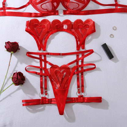 Ellolace Premium Sexy Female Lingerie Romantic Heart Embroidered Bra Belt Thong 3PC with Leg Circles Sparkling See Through Kit
