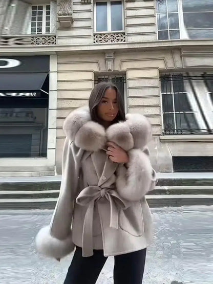 Women's Faux Fur Coats Lace Up Waist Cinching Winter Coat Autumn 2025 Female Furry Long Sleeve Slim Jacket Chic Ladies Outerwear