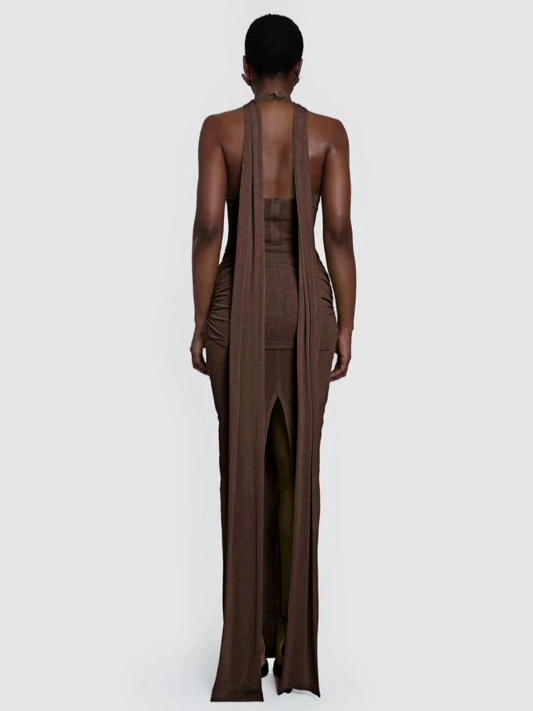 Sexy Backless Folds Long Dress with Ribbon Women Brown Halter Sleeveless Sparkly Draped Bodycon Celebrity Evening Party Gowns