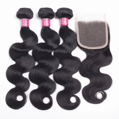 Raw Brazilian Body Wave Human Hair Bundles With Closure Remy Hair Weave Unprocessed Virgin Hair 3/4 Bundles WIth Closure...