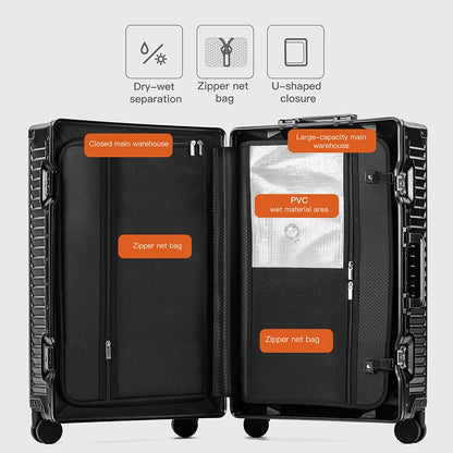 SUSHIMU 20-inch all-aluminum-magnesium alloy luggage with front opening, trolley suitcase, carry-on suitcase, metal travel