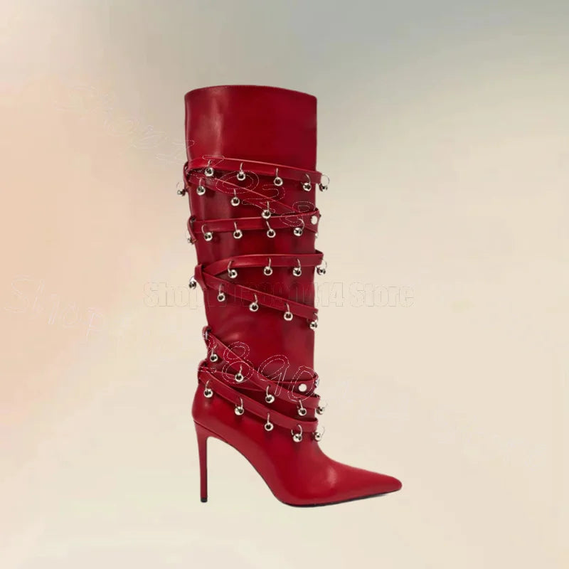Metal Circle Rivets Red Pointed Toe Boots Side Zipper Women Shoes Thin High Heels Fashion Party Dating 2026 Zapatos Para...