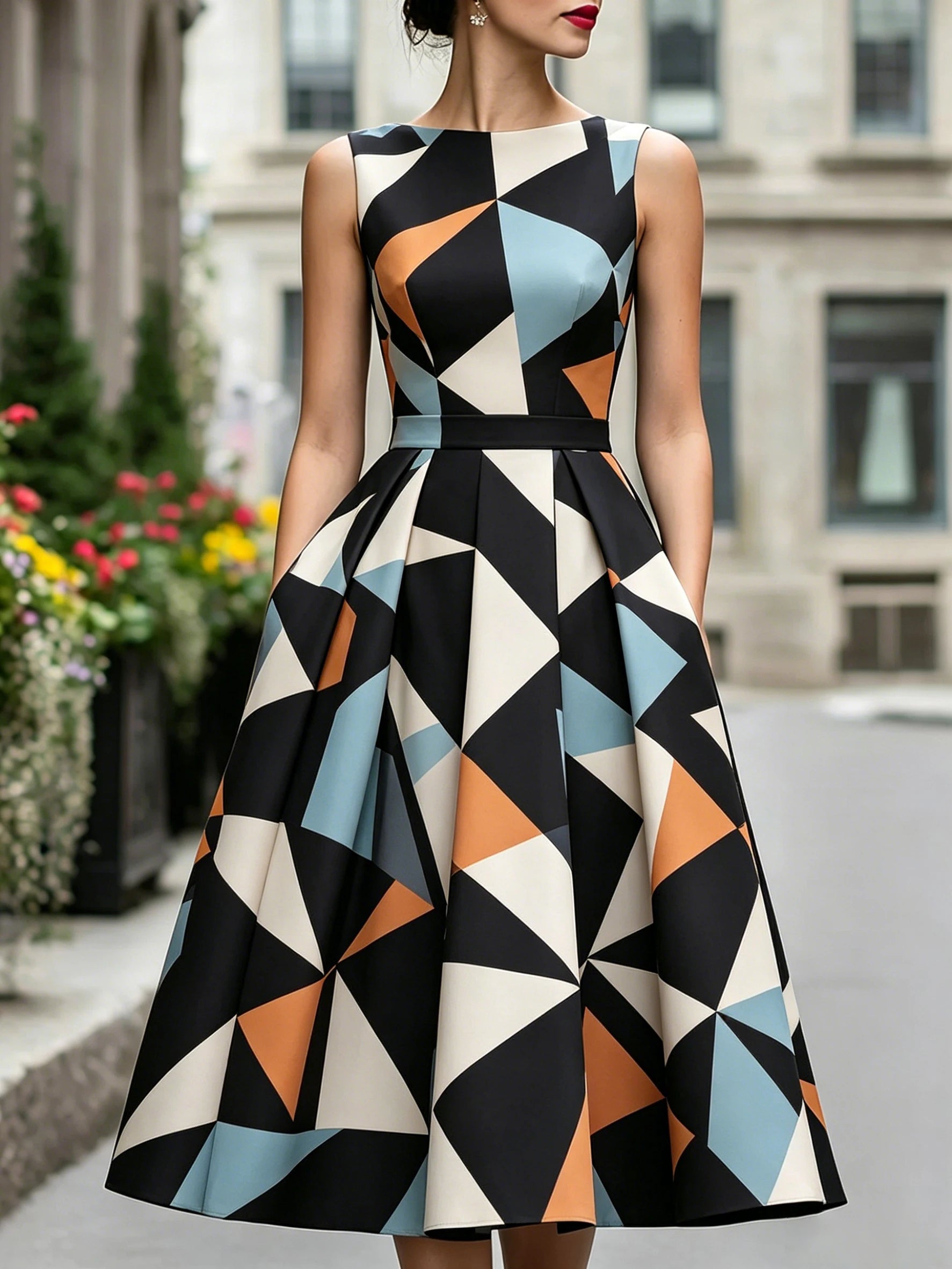 Summer Vintage Geometric Print Sleeveless Midi Dress Women High Waist A-Line O Neck Fashion Elegant Formal Party Vestidos