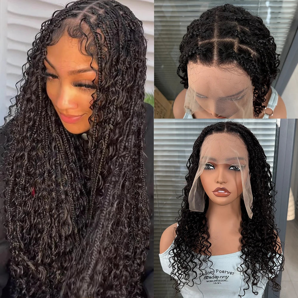 Curly Braided Wigs 100% Human Hair Lace Frontal Wigs Knotless Boho Box Braids Wig 13x6 Curly Human Hair Wigs Pre Plucked
