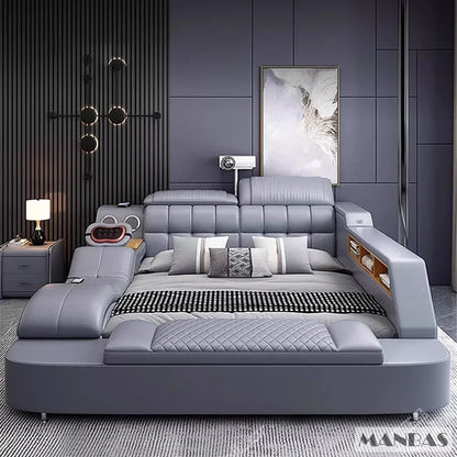 MINGDIBAO Luxury King Size Genuine Leather Bed / Tech Smart Bed / Multifunctional Ultimate Beds / Massage Bed with USB,Projecter