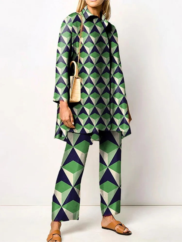 Autumn New Loose Vintage Printed Pant Sets Women Long Sleeve Shirts And Wide Legs Trousers Two Piece Set 2025 Fashion Streetwear
