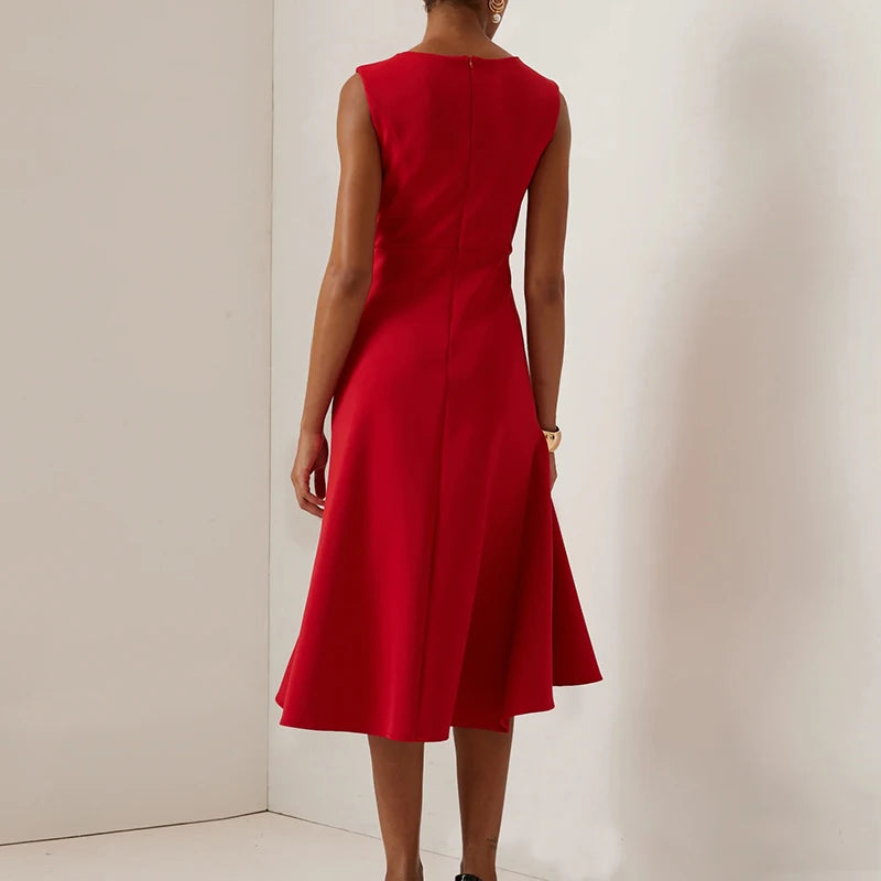 Vestidos Women Elegant O Neck Solid Commute Dress Spring Knot Slim Ruffle Irregular Dress Summer Sleeveless A-Line Party Dresses - Kimlud