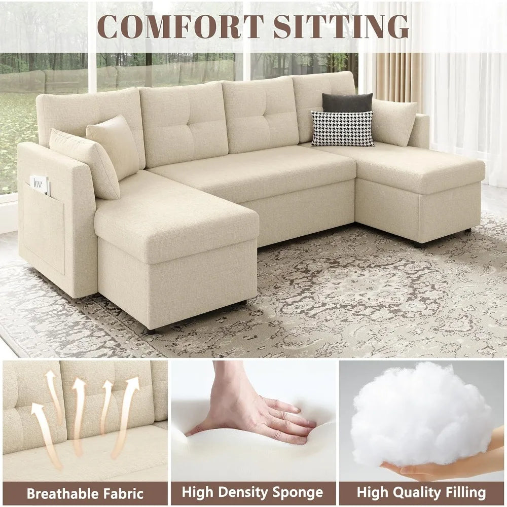 Oversized Sleeper Sofa Couch, 110 inch 2 in 1 Pullout Couch Bed with Double Storage Chaise, Sectional Sleeper Sofa Bed...