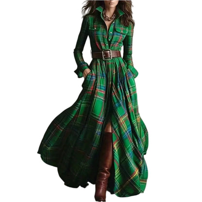 Retro Plaid Long Dresses Ladies Fashion Irregular Hem Slit Spring Autumn Long Sleeve Dress Western Style Buttons Shirt Dress New