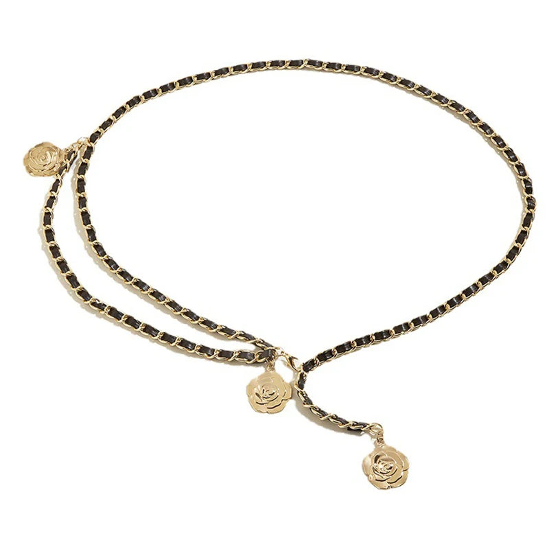 〔CC55〕Metal Waist Chain Belts Round Flower Pendant Chain Strap Rope Female Fine Waistband Dress Shirt Decora Waist...