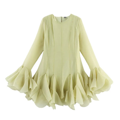 2026 Summer Women's Elegant Multi-Layered Ruffled Hem Mini Dresses Lady Sweet French Style Long Flare Sleeve Slim Fit Puffy Robe - Kimlud