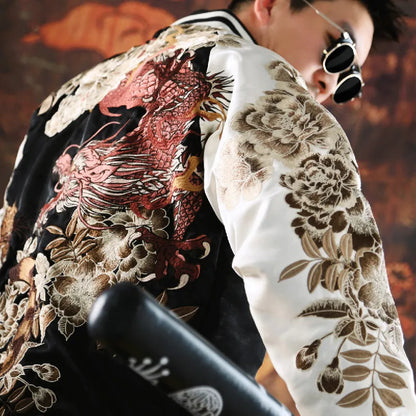 New 2025 Hot Style Men Boys Modified Liquid Light Sensation Coats Dragon Tiger Reversible Baseball Sukajan Souvenir Jackets - Kimlud