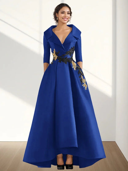 A-Line Evening Gown Vintage Elegant Dress Floor Length 3/4 Length Sleeve V Neck Satin with Beading Appliques 2024