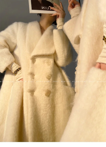 Lautaro Winter Long Vintage White Thick Warm Fluffy Wool Blends Coat Women Double Breasted Elegant Luxury Designer...