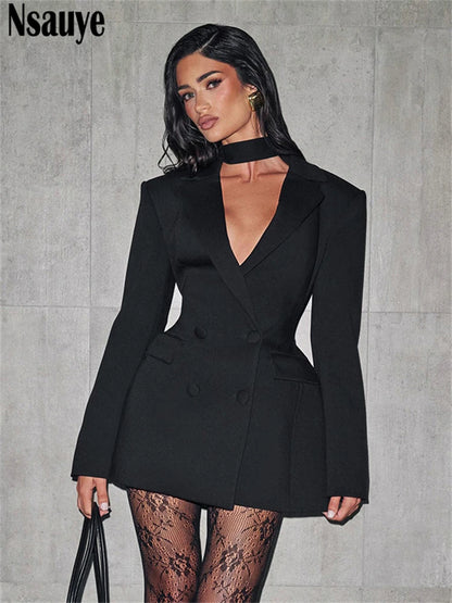 Nsauye Elegant A-Line Short Fashion Evening Black Blazer V Neck Dress Women Winter Clothes Outfits Sexy Night Club Party Dress