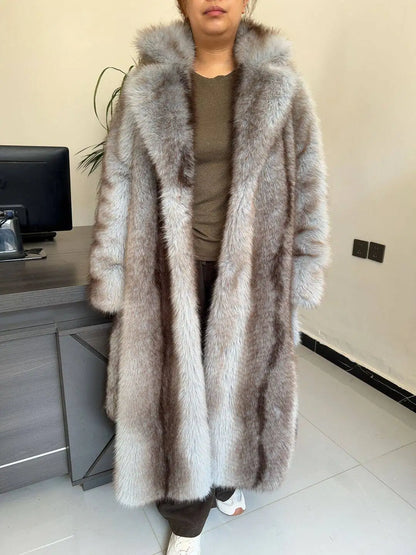 LHXDW New Style Women's Faux Fur Coat Long Waistband Design New Style with Black Imprint and Large Collar Faux Fur Jacket - Kimlud