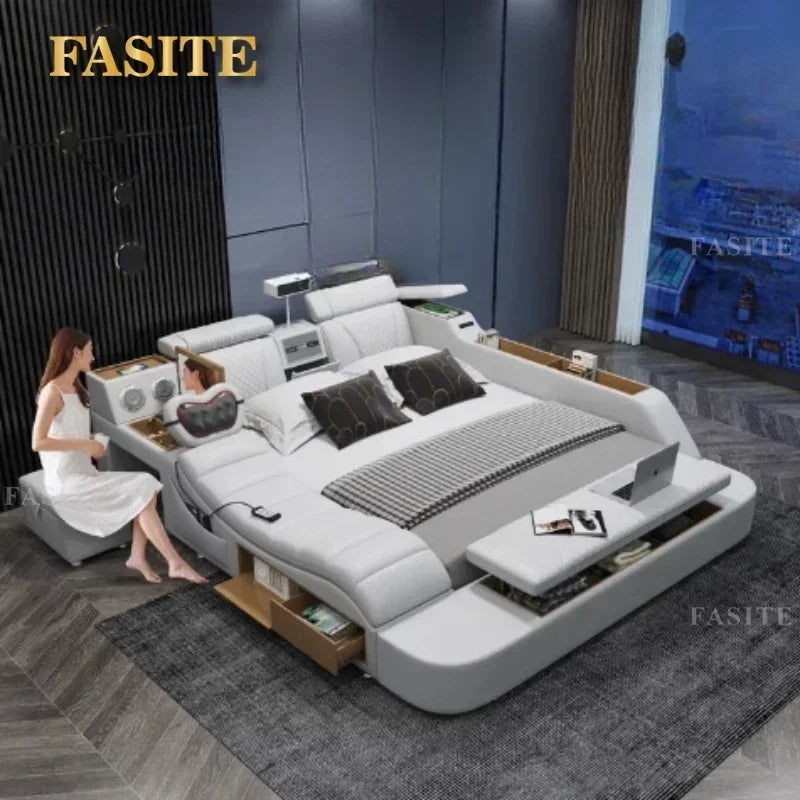 Budget-friendly Multifunctional massage tatami leather bed double modern simple wedding with projector smart Bedroom Furniture