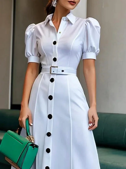 Modigirl 2025 New Womens Summer Shirt Dress with Belt  White Green Short Sleeve Eelegant Long Dresses Clothing for Woman