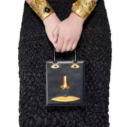 Face Bag Women High Quality Black Leather Luxury Brands Handbag Jewelry Eyes Gold-tone Metal Shoulder Strap Crossbody...