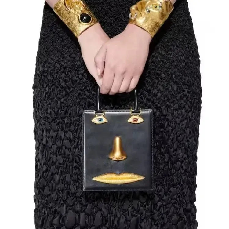 Face Bag Women High Quality Black Leather Luxury Brands Handbag Jewelry Eyes Gold-tone Metal Shoulder Strap Crossbody...