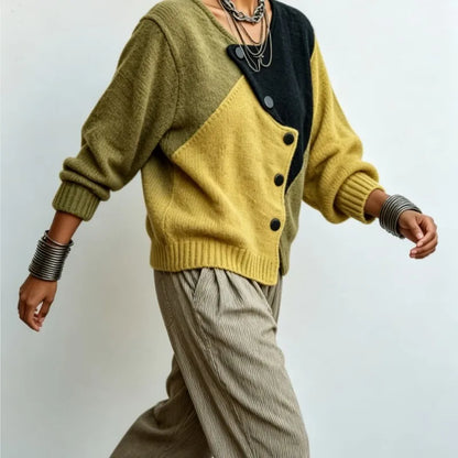Women Patchwork Knit Cardigan Asymmetric Button Long Sleeve Loose Sweater Coat Retro Casual Autumn Winter Female...