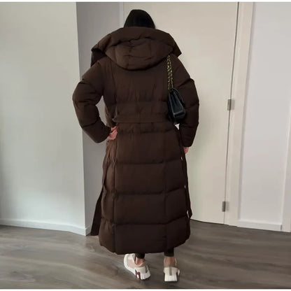 Hooded Lace up Long Jacket Woman Solid Color Zipper Long Sleeve Loose Coats Versatile Warm Minimalist Women's New Winter Jackets