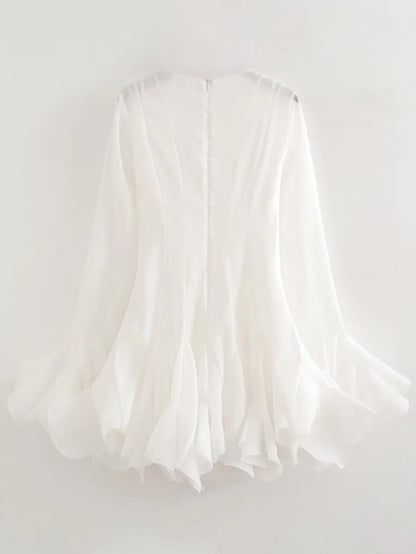 2026 Summer Women's Elegant Multi-Layered Ruffled Hem Mini Dresses Lady Sweet French Style Long Flare Sleeve Slim Fit Puffy Robe - Kimlud